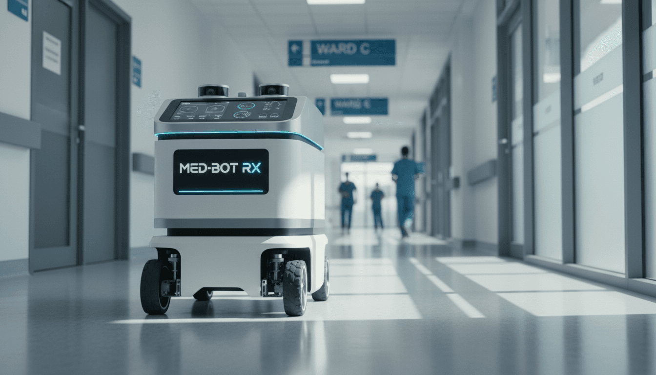 Autonomous mobile robot in operation within a modern hospital corridor